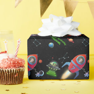 Rakete mit Foto   Geburtstag UFO Alien Astronaut Geschenkpapier