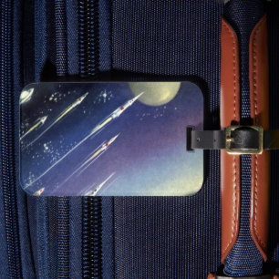 Raketen der Vintagen Science Fiction im Weltraum v Gepäckanhänger