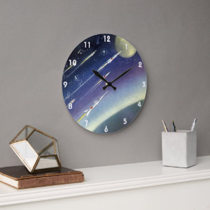 Raketen der Vintagen Science Fiction im Weltraum v Große Wanduhr