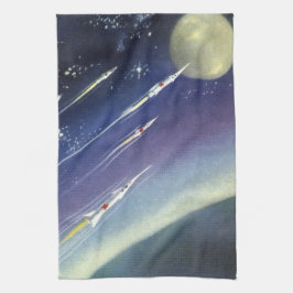 Raketen der Vintagen Science Fiction im Weltraum v Küchentuch