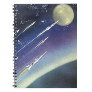 Raketen der Vintagen Science Fiction im Weltraum v Notizblock