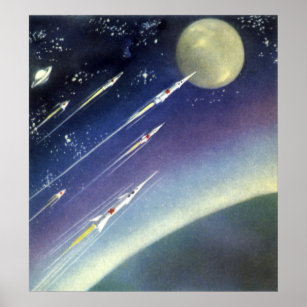 Raketen der Vintagen Science Fiction im Weltraum v Poster