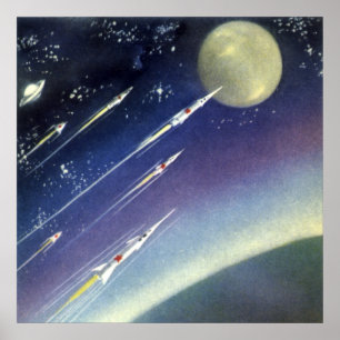 Raketen der Vintagen Science Fiction im Weltraum v Poster