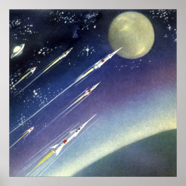 Raketen der Vintagen Science Fiction im Weltraum v Poster (Vorne)