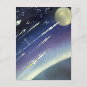 Raketen der Vintagen Science Fiction im Weltraum v Postkarte