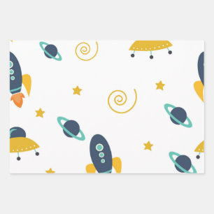 Raketen, Männer Frauen und Kinder, Planet Muster Geschenkpapier Set