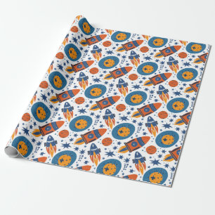 Raketen Sterne und Planeten Orange und Blau Geschenkpapier