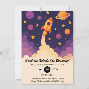 Raketenabenteuer & Geburtstag lila Galaxie Einladung