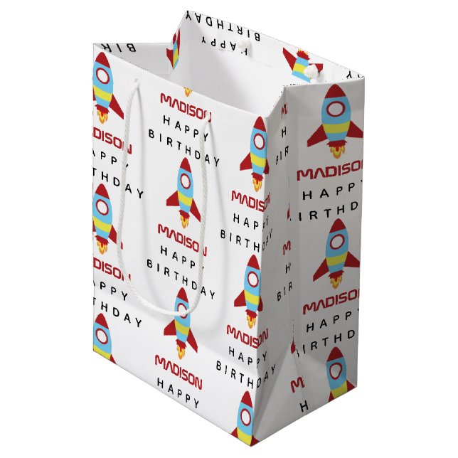 Raketenraumschiff Starter Individuelle Name Geburt Mittlere Geschenktüte (Vorderseite Schrägansicht)