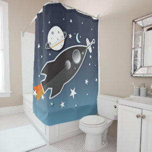 Raketenschiff Raumschiff Blau und Orange Whimsical Duschvorhang