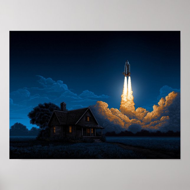 Raketenstart des Space Shuttle bei Nacht hinter Fa Poster (Vorne)