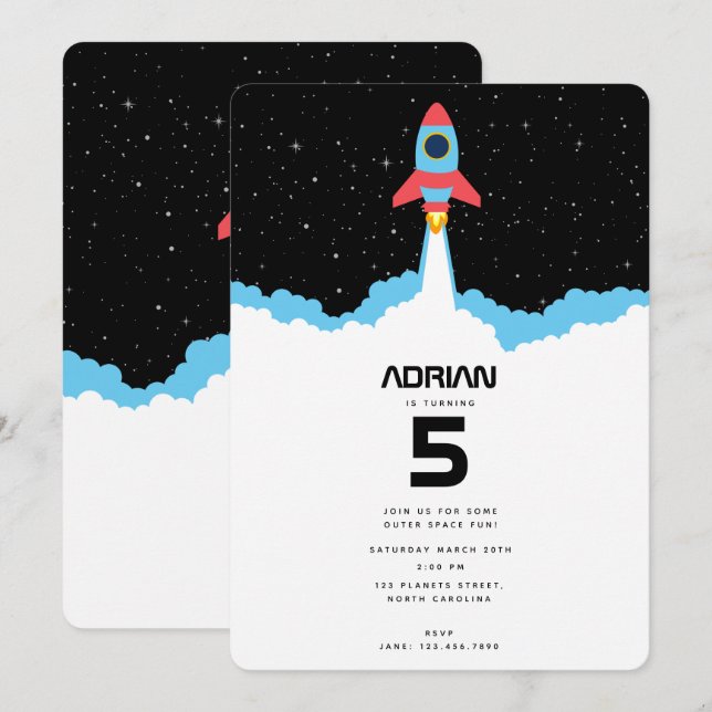 Raketenstart im Weltraum Geburtstag Einladung (Vorne/Hinten)