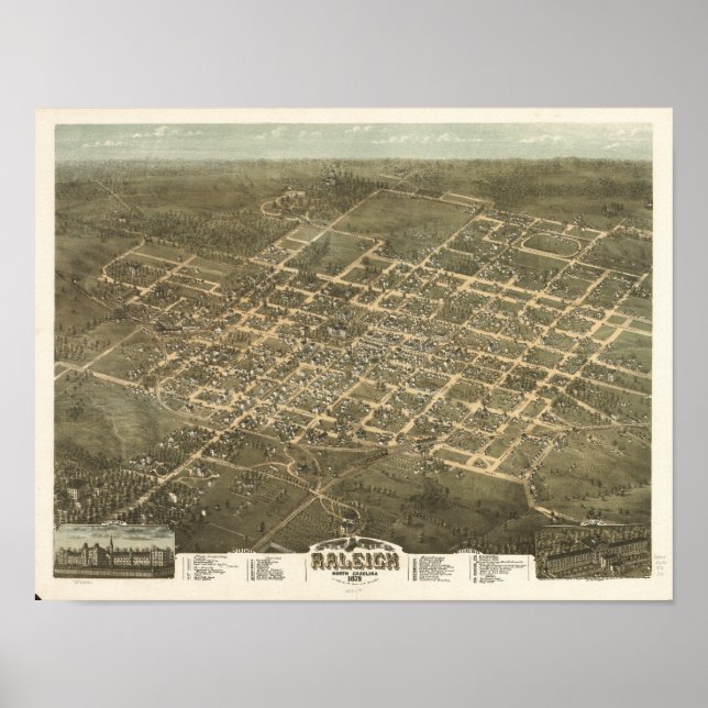 Raleigh N. Carolina 1872 Antike Panoramabalkarte Poster (Vorne)