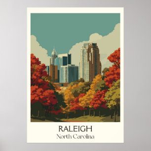 Raleigh North Carolina Vintager Skyline Fall Poster