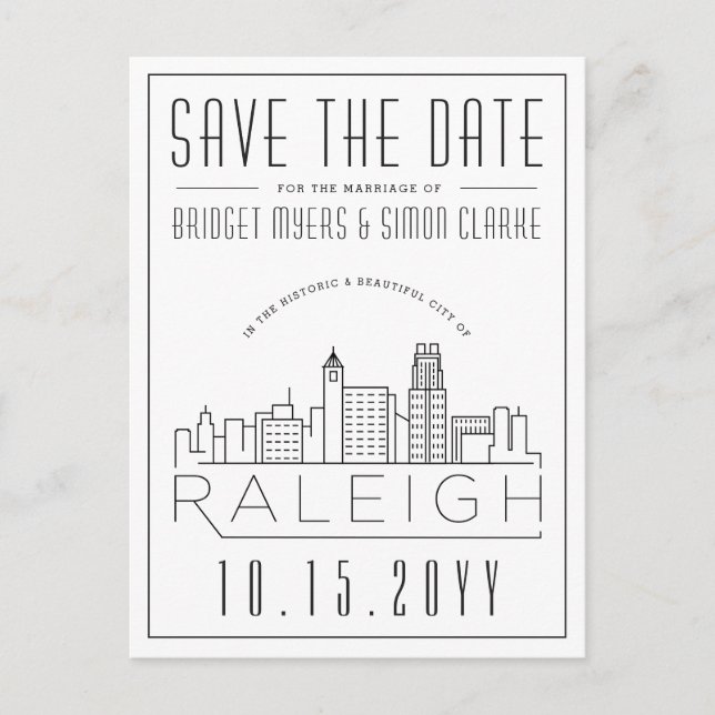 Raleigh Wedding | Stilisierte Skyline Save the Dat Postkarte (Vorderseite)