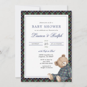 Ralph Plaid Teddybär Junge Navy Preppy Baby Shower Einladung