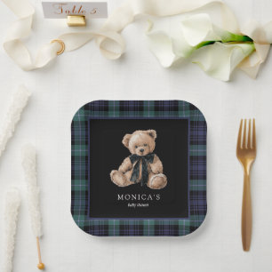 Ralph Teddy Bär Navy Grün Kariert Baby Shower Pappteller