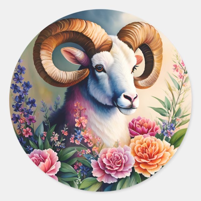 Ram Floral Art Runder Aufkleber (Vorderseite)