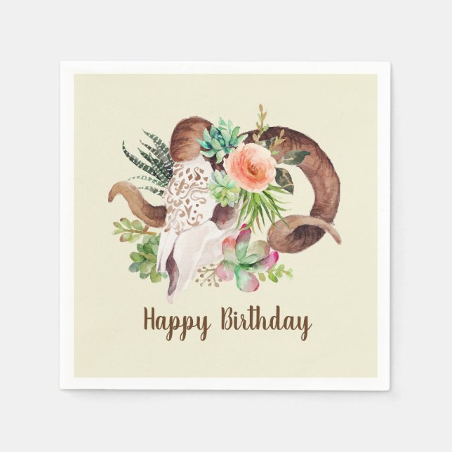 Ram Skull und Succules zum Geburtstag Serviette (Vorderseite)