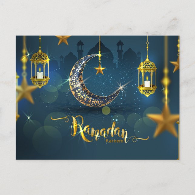 Ramadan Blue und Gold Moon Fanoos Postkarte (Vorderseite)