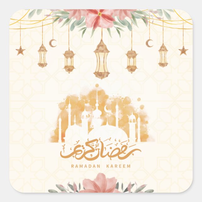 Ramadan Kareem Floral Watercolor Lanterns Quadratischer Aufkleber (Vorderseite)