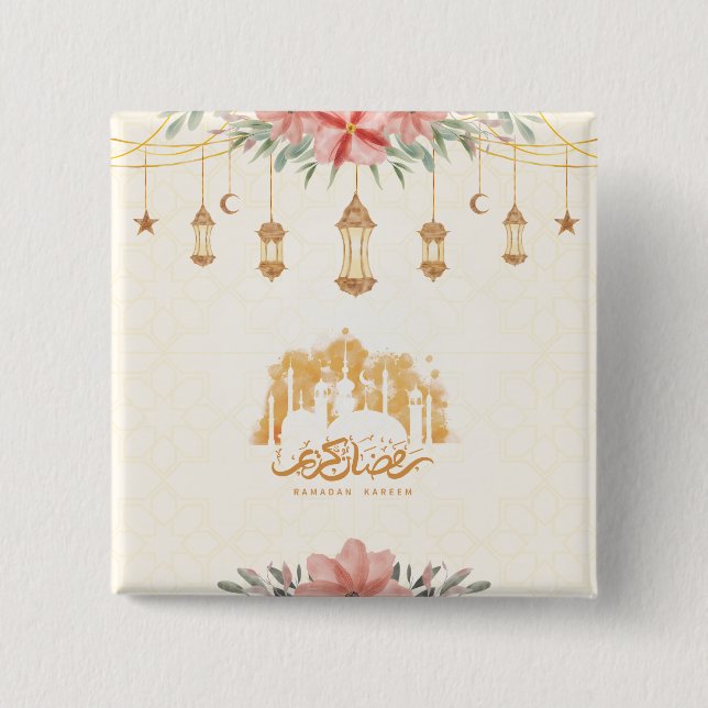 Ramadan Kareem Iftar Floral Watercolor Lanterns Button (Vorderseite)