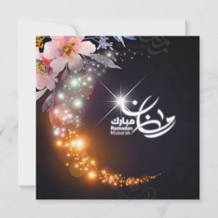 Ramadan Mubarak Glänzende Mondsichel Rosa Blumen Feiertagskarte