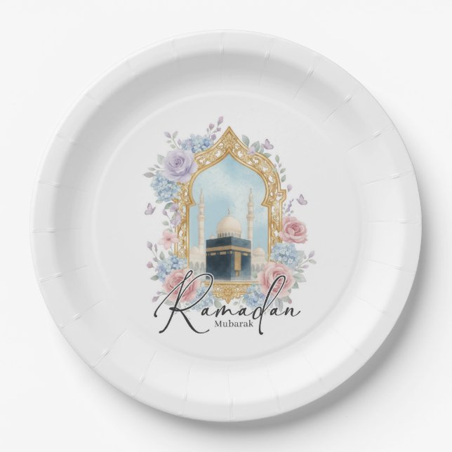 Ramadan Mubarak Kaaba Floral Islamische Party-Deko Pappteller (Vorderseite)