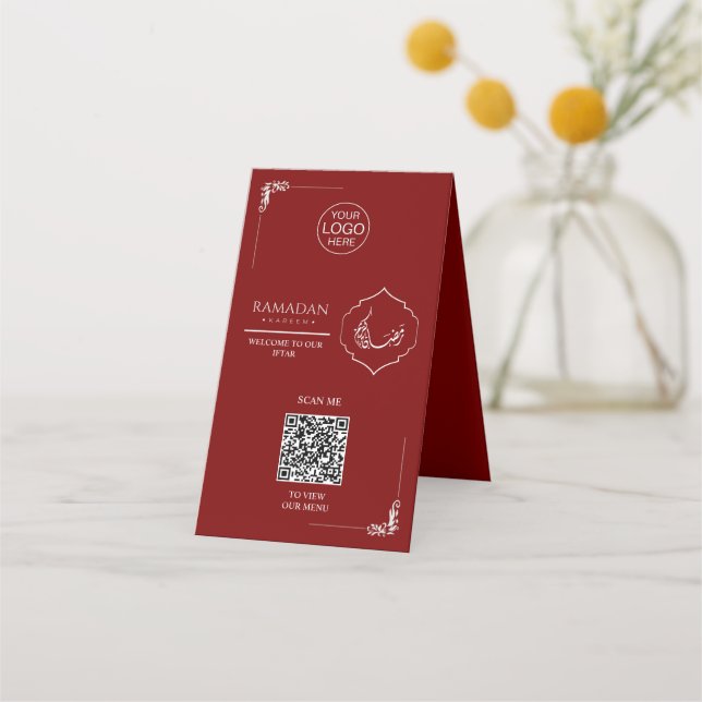 Ramadan QR Code Table Tent Card | Red Iftar Menu S Treuekarte (Vorderseite)