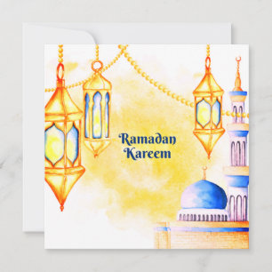 Ramadan Watercolor Moschee, Stern und Laternen Feiertagskarte