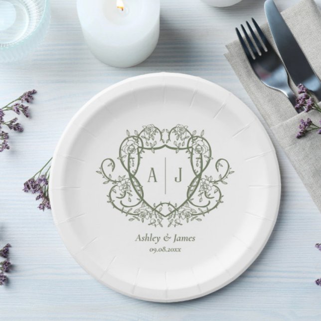 Rambling Rose Sage Monogramm-Wappen-Hochzeit Pappteller (Von Creator hochgeladen)