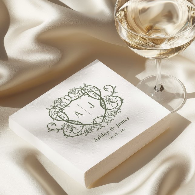 Rambling Rose Sage Monogramm-Wappen-Hochzeit Serviette (Von Creator hochgeladen)