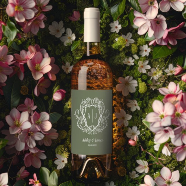 Rambling Rose Sage Monogramm-Wappen-Hochzeit Weinetikett (Von Creator hochgeladen)