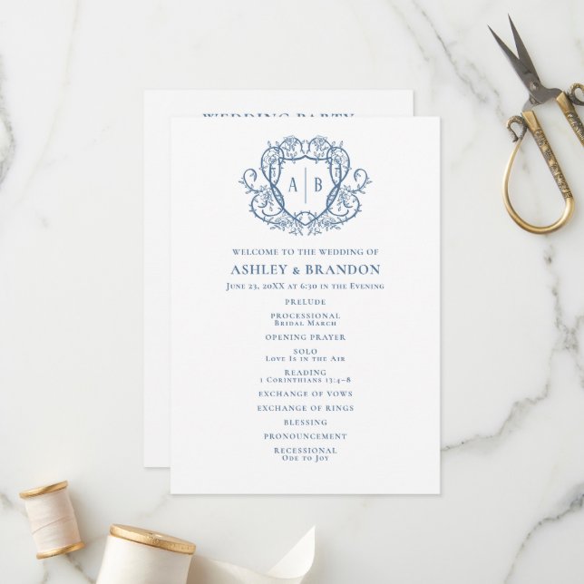Rambling Rose Steel Blue Crest Monogramm Hochzeit Programm (Vorderseite/Rückseite Beispiel)