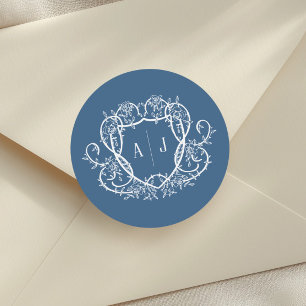 Rambling Rose Steel Blue Monogramm-Wappen Hochzeit Runder Aufkleber