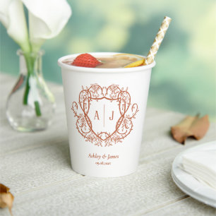 Rambling Rose Terrakotta-Monogramm-Wappen Hochzeit Pappbecher