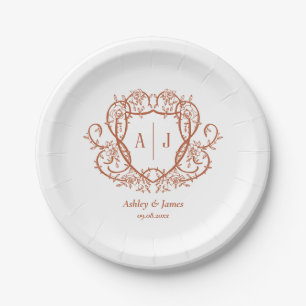 Rambling Rose Terrakotta-Monogrammwappen-Hochzeit Pappteller