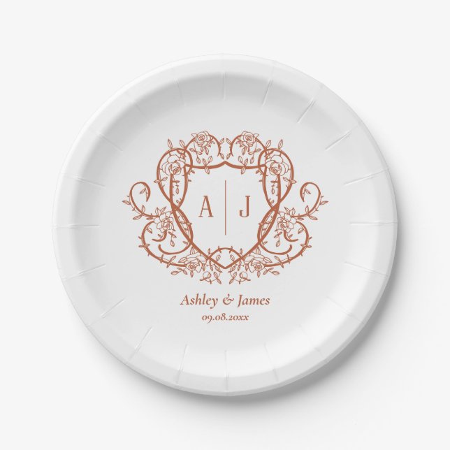 Rambling Rose Terrakotta-Monogrammwappen-Hochzeit Pappteller (Vorderseite)