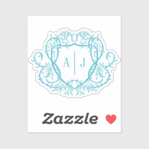 Rambling Rose Türkis Monogramm-Wappen Hochzeit Aufkleber