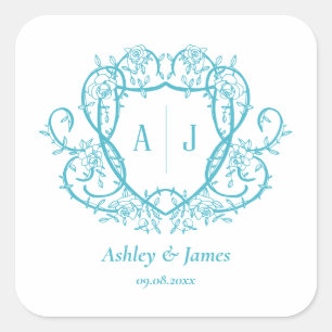 Rambling Rose Türkis Monogramm Wappen Hochzeit Quadratischer Aufkleber
