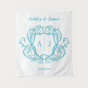 Rambling Rose Türkis Monogramm-Wappen Hochzeit Wandteppich