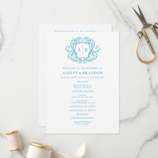 Rambling Rose Türkiswappen-Monogramm-Hochzeit Programm (Vorderseite/Rückseite Beispiel)