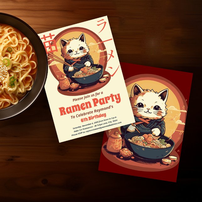 Ramen Birthday Party mit japanischer Ramen Cat Einladung (Von Creator hochgeladen)