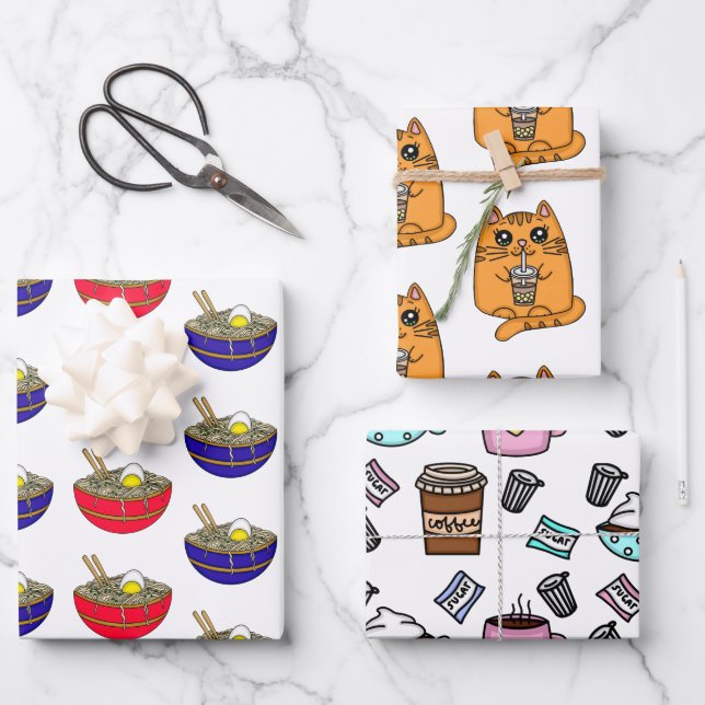 Ramen, Boba Tee und Kaffee Geburtstag Geschenkpapier Set (Vorderseite)