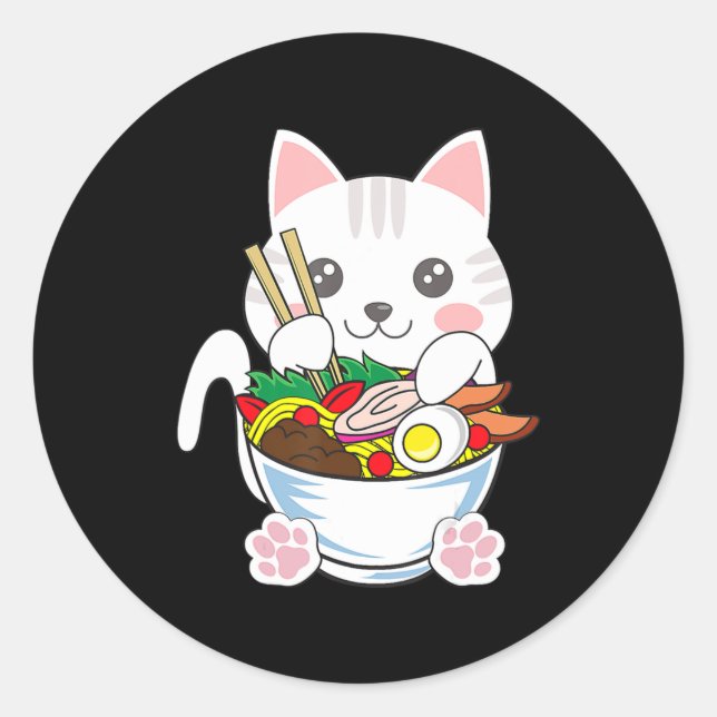 Ramen Cat Anime Bowl Kawaii Neko japanischer Leben Runder Aufkleber (Vorderseite)