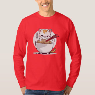 Ramen Cat Eating Noodles Design T - Shirt