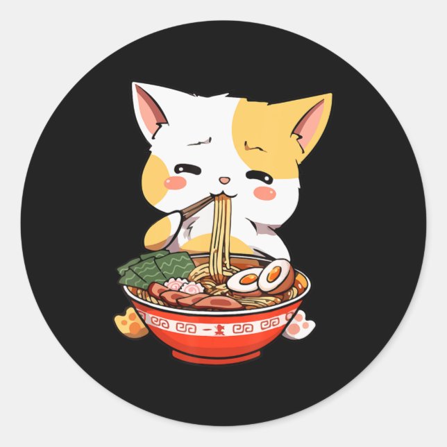 Ramen Cat Eating Noodles Kawaii Anime Merch Gift G Runder Aufkleber (Vorderseite)