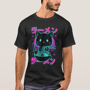 Ramen-Katze Retro-Sonnenuntergang Lustiger Nudel-L T-Shirt