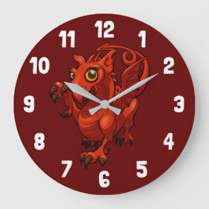 Rampant Little Welsh Baby Red Dragon Cartoon Große Wanduhr
