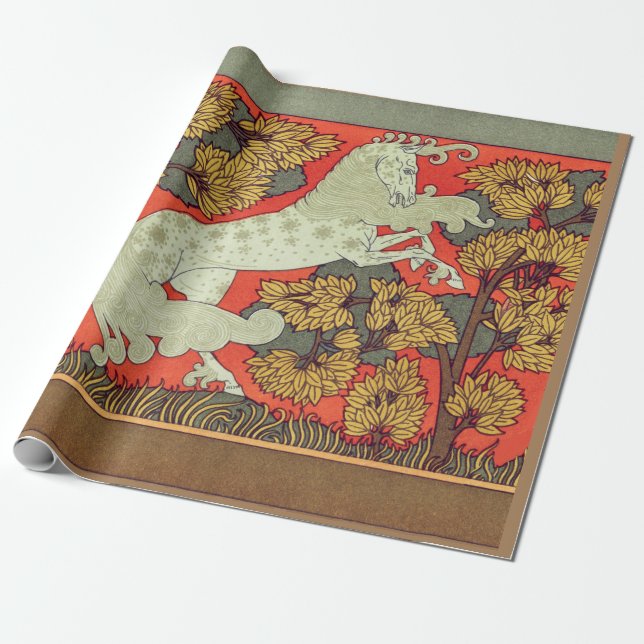 RAMPANTE WEISSE PFERDE, BÄUME IM Jugendstil Geschenkpapier (Ungerollt)